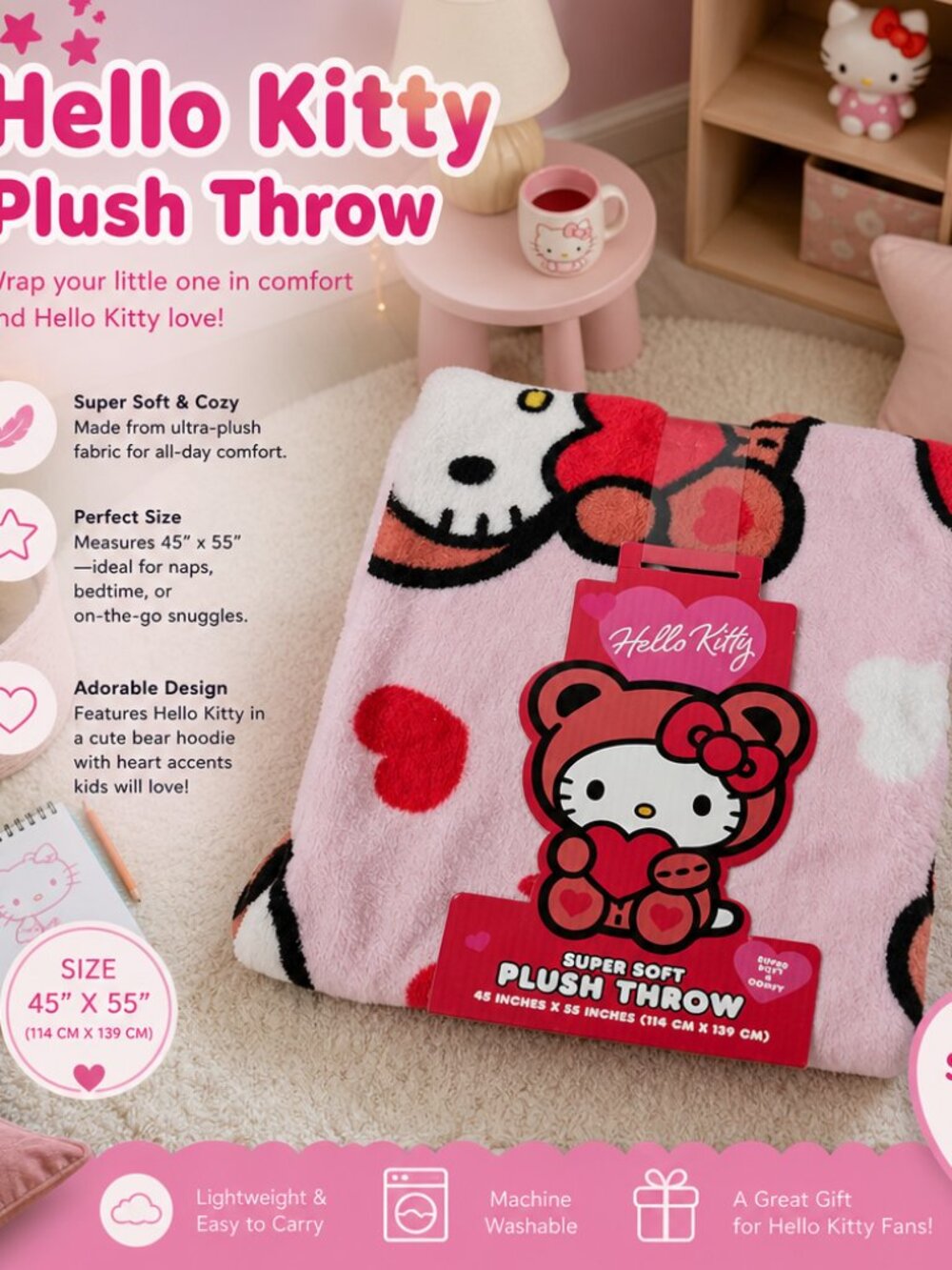 Hello Kitty Super Soft Plush Throw – 45” x 55” Heart & Kitty Design